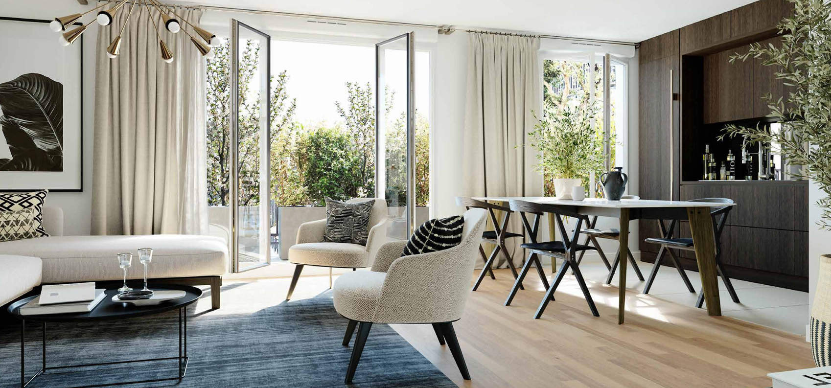 Appartement lumineux à Issy-les-Moulineaux avec salon moderne, salle à manger ouverte et grandes baies vitrées sur terrasse