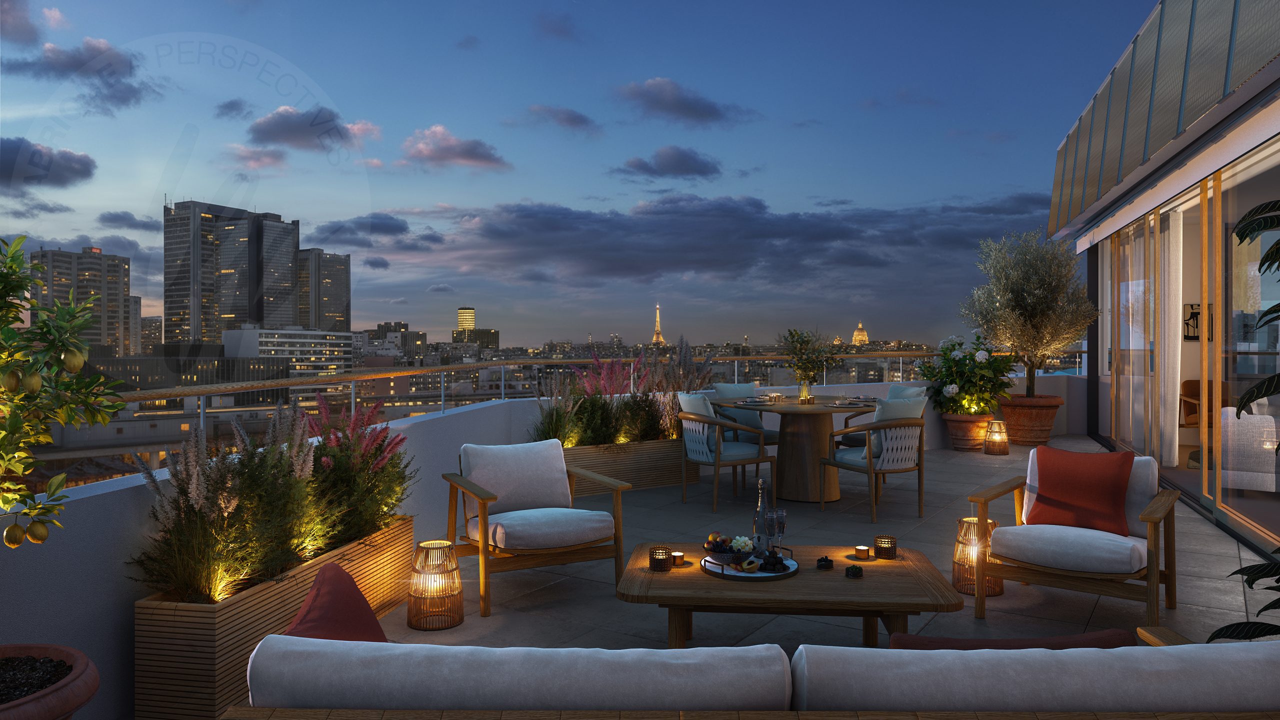 Appartement avec terrasse à Paris 13, rooftop aménagé avec mobilier extérieur et vue panoramique sur Paris