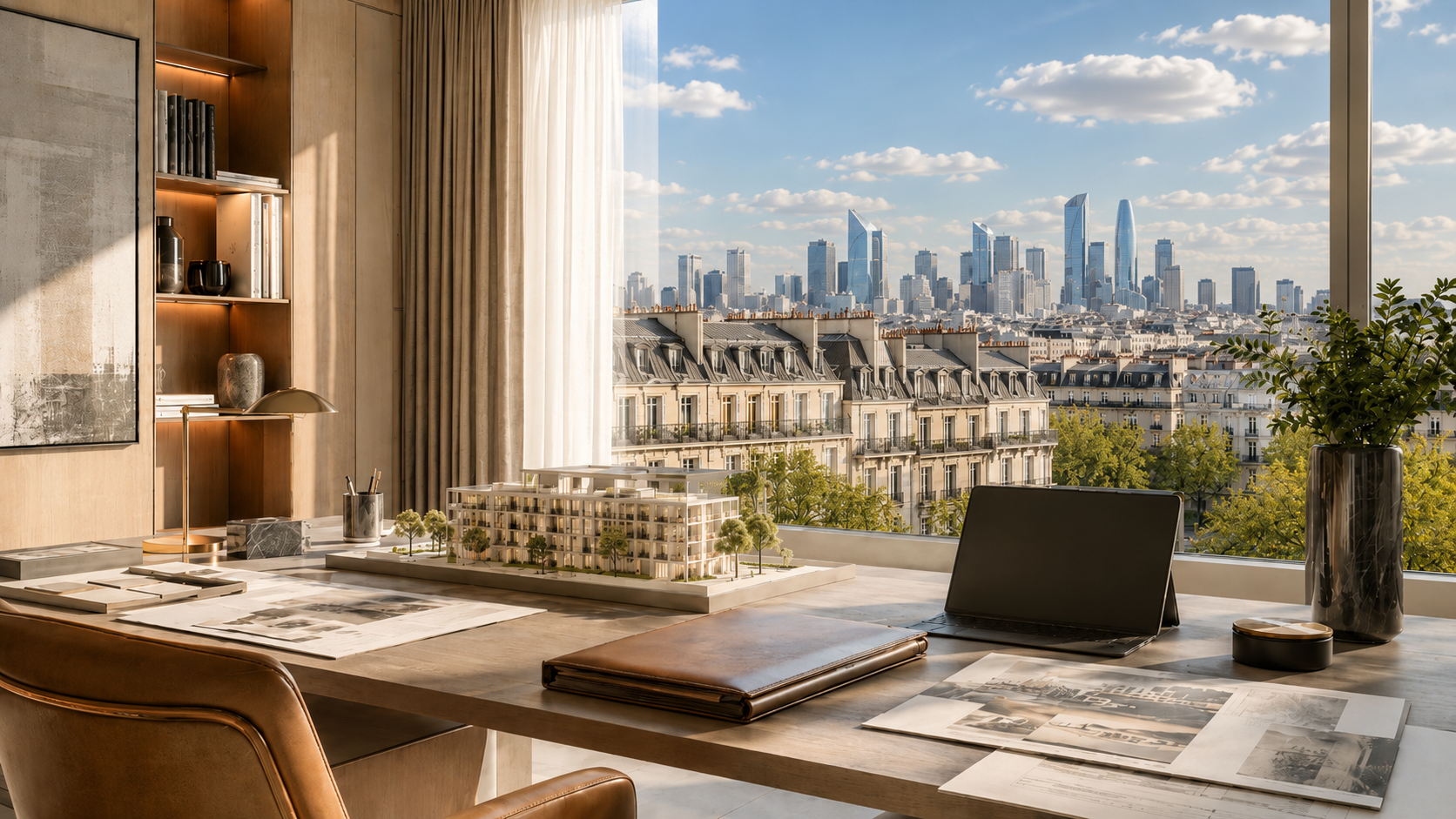 Bureau immobilier haut de gamme avec maquette d’immeuble, documents de projet et vue sur La Défense, illustrant l’importance d’une vision globale dans un projet immobilier.