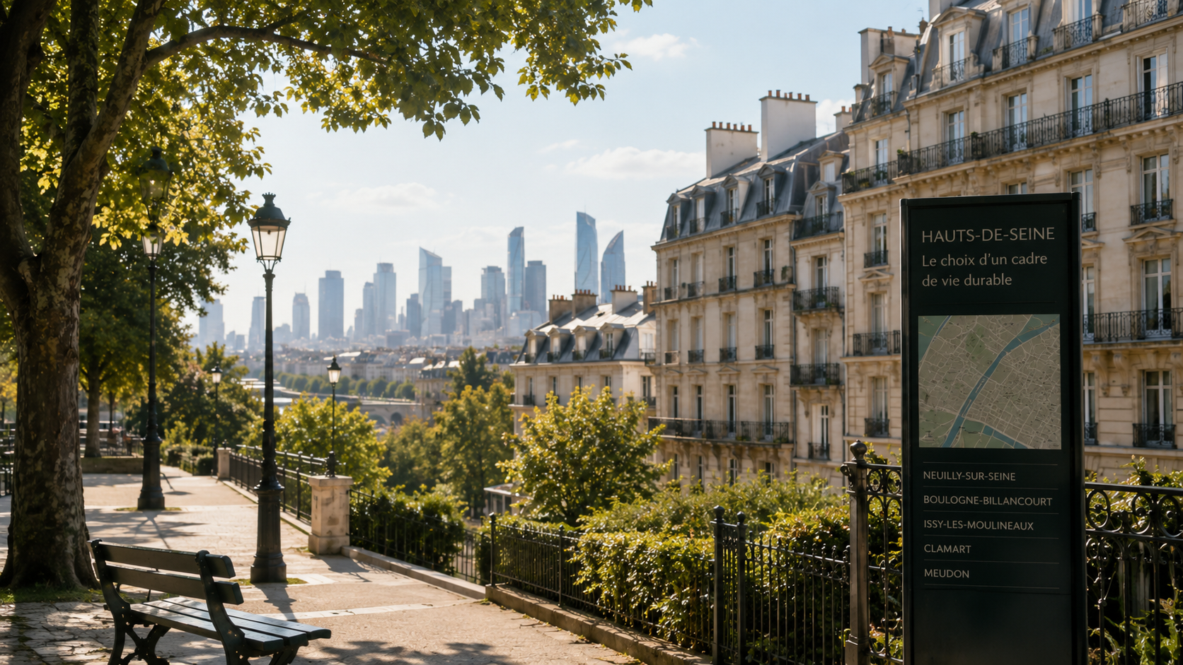 Acheter sa résidence principale dans le 92 : choisir le bon cadre de vie Promenade résidentielle arborée dans les Hauts-de-Seine avec immeubles élégants et vue sur La Défense, illustrant un cadre de vie recherché pour acheter sa résidence principale dans le 92.