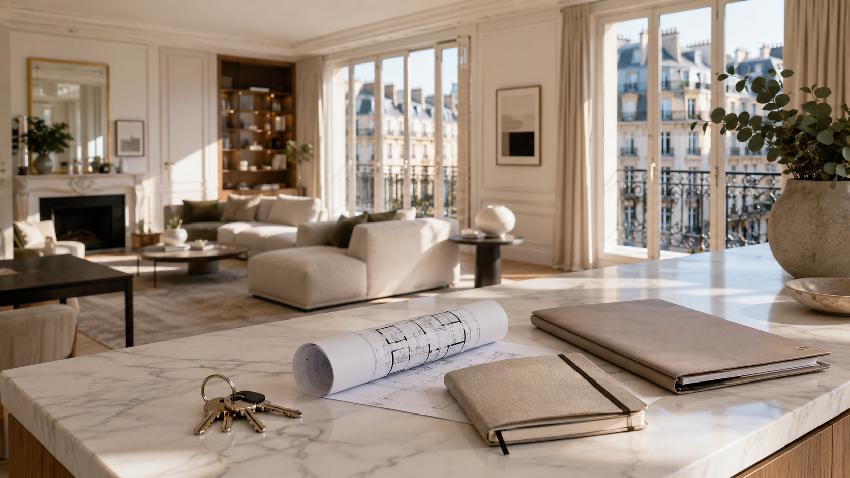 Intérieur immobilier lumineux avec clés, plan architectural et dossier de projet, illustrant l’importance de préparer une stratégie globale avant d’acheter un bien.