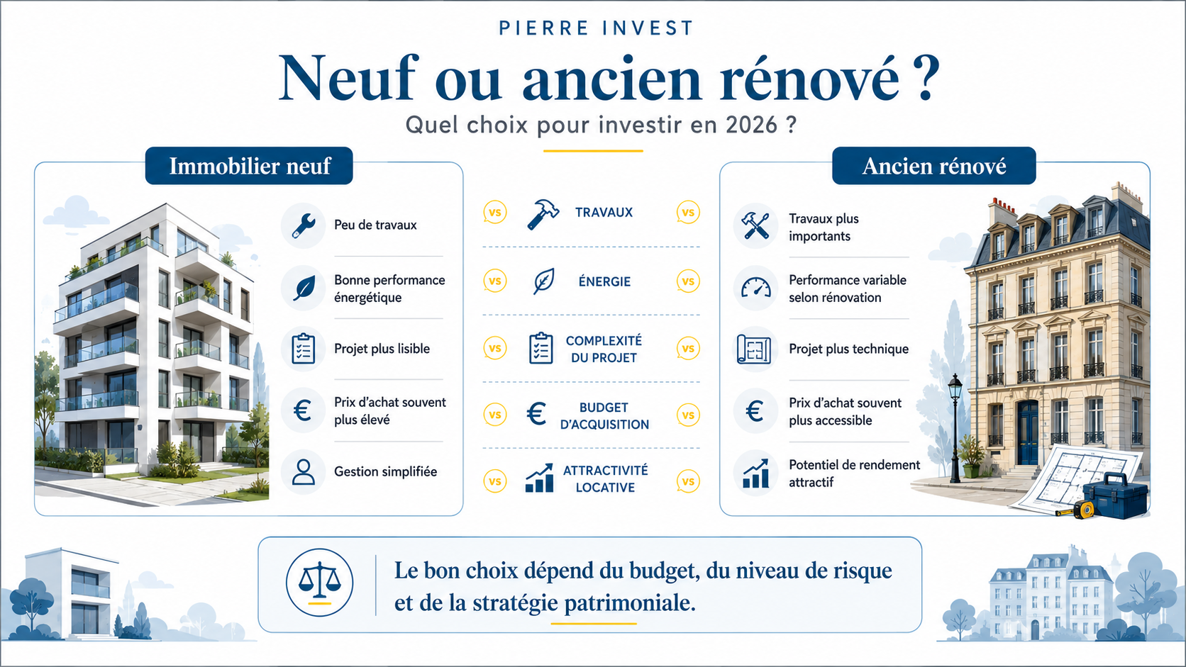 Comparatif entre immobilier neuf et ancien rénové pour investir en 2026.