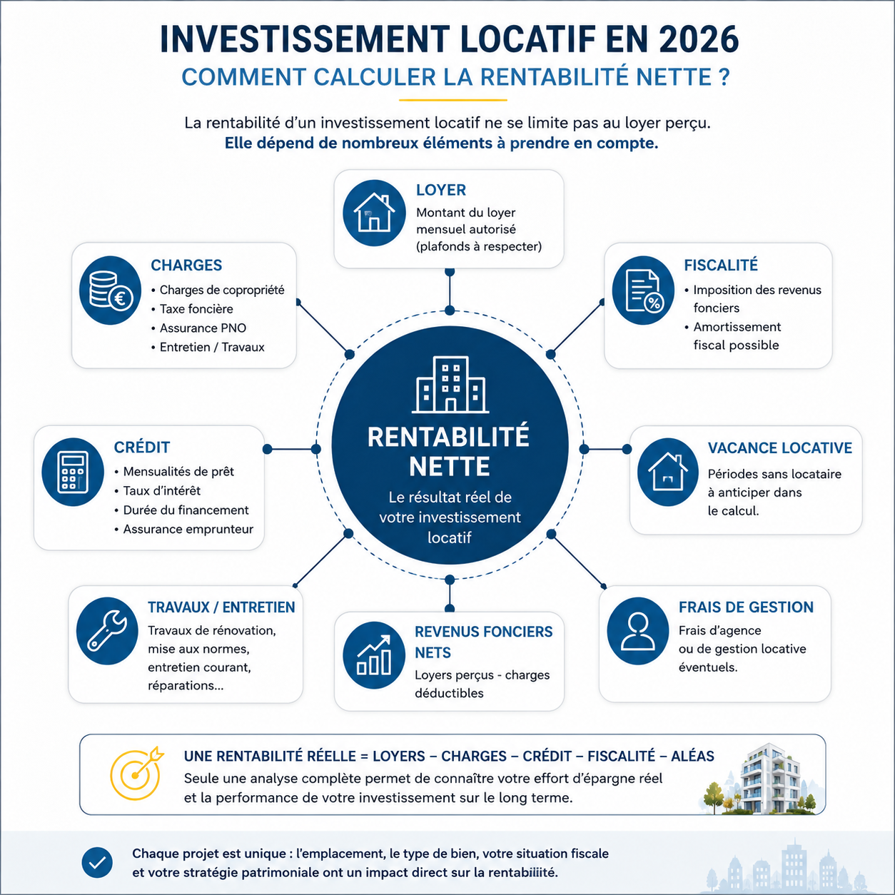 Schéma de calcul de la rentabilité nette d’un investissement locatif en 2026.