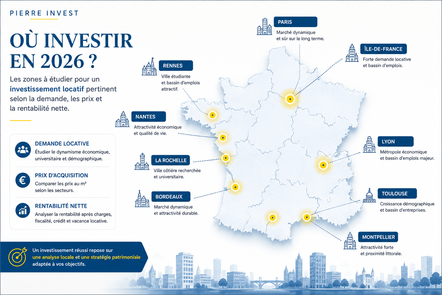 Carte stylisée des zones où investir en immobilier locatif en 2026 en France.