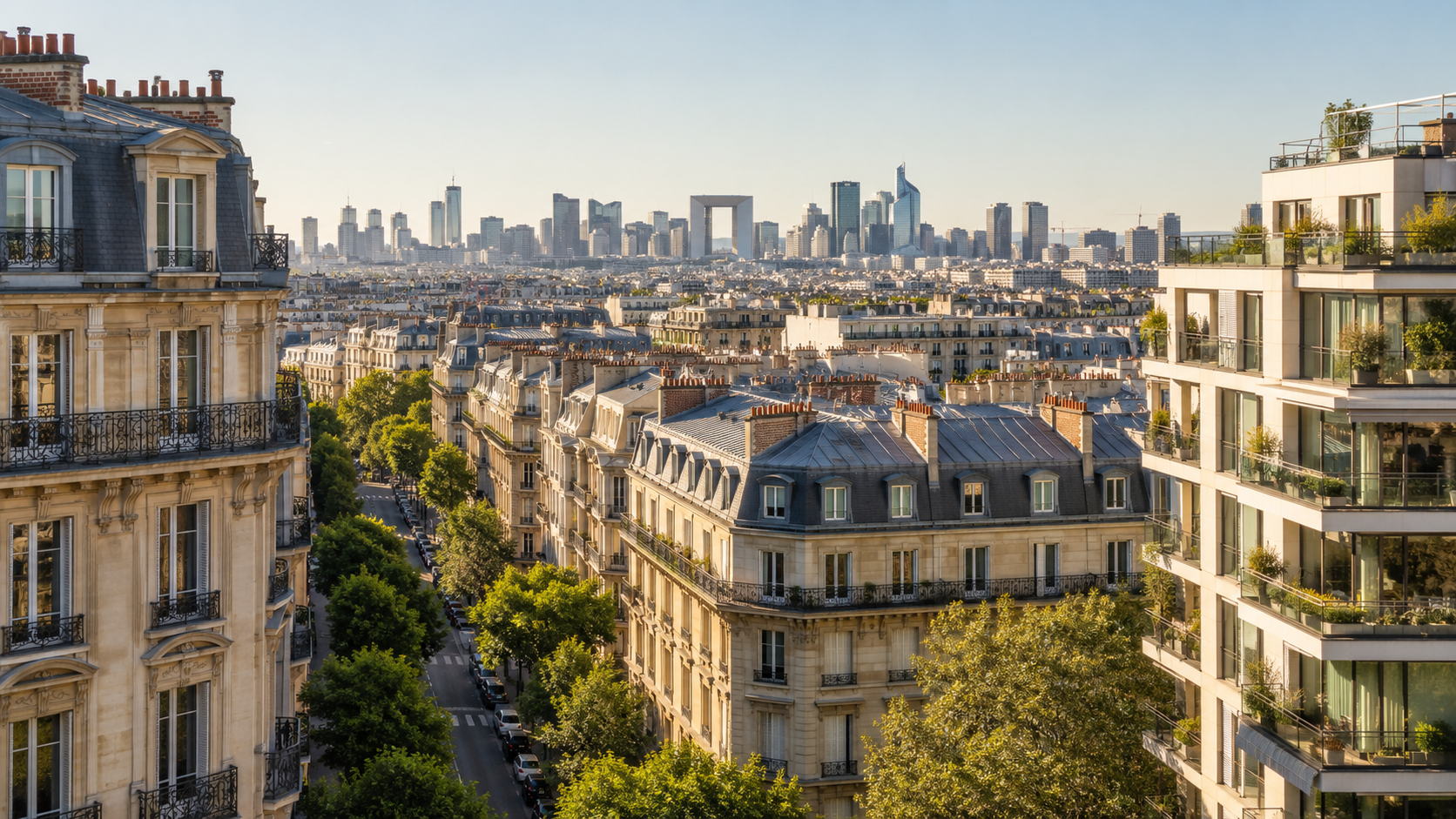 Vue panoramique sur Paris et La Défense avec immeubles résidentiels anciens et récents, illustrant les opportunités d’investissement locatif en 2026.