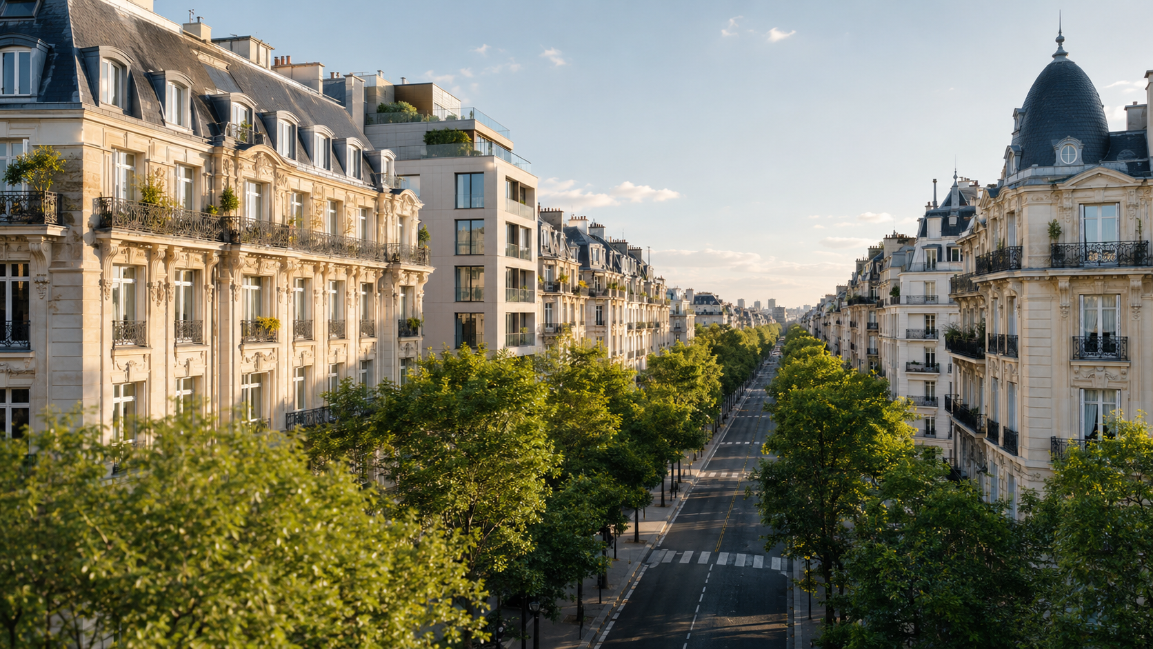 Accompagnement investissement immobilier avec Pierre Invest Boulevard résidentiel haut de gamme avec immeubles anciens, résidence contemporaine et végétation, illustrant l’accompagnement immobilier pour choisir un bien cohérent avec son projet.
